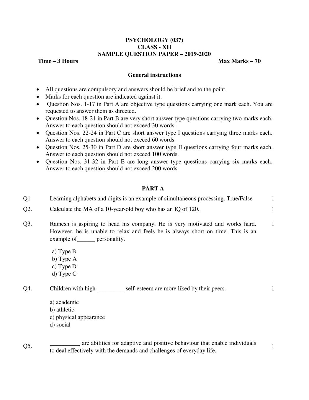 CBSE Class 12 Sample Paper 2020 for Psychology - Page 1