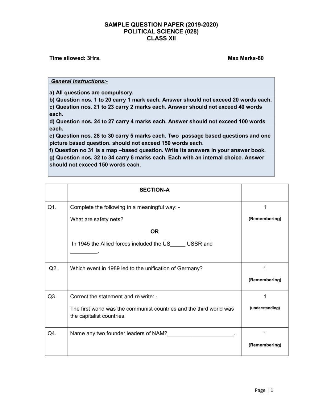 CBSE Class 12 Sample Paper 2020 for Political Science - Page 1