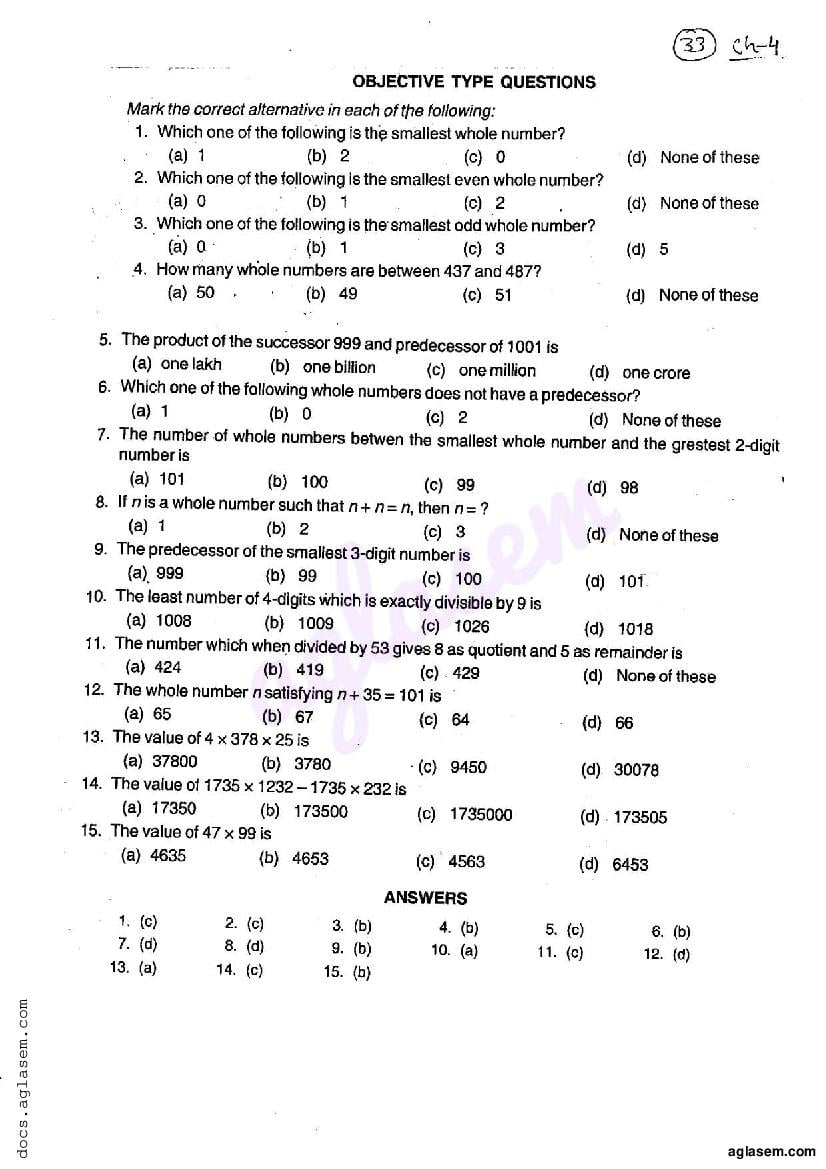 RD Sharma Solutions Class 6 Maths Chapter 4 Operations on Whole Numbers MCQ - Page 1