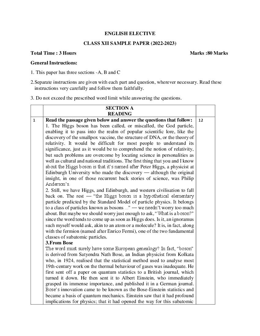 English Elective Sample Paper Class 12 2023 PDF Download CBSE Study Group