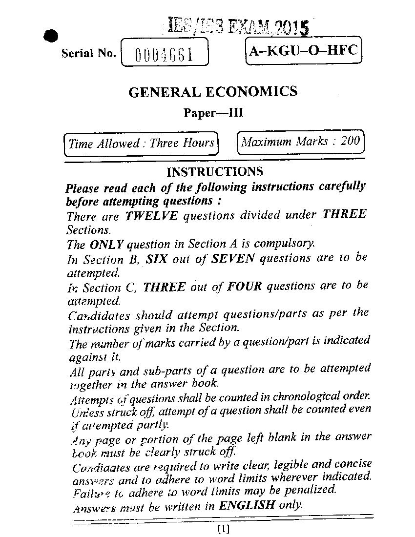UPSC IES ISS 2015 Question Paper for General Economics-III - Page 1