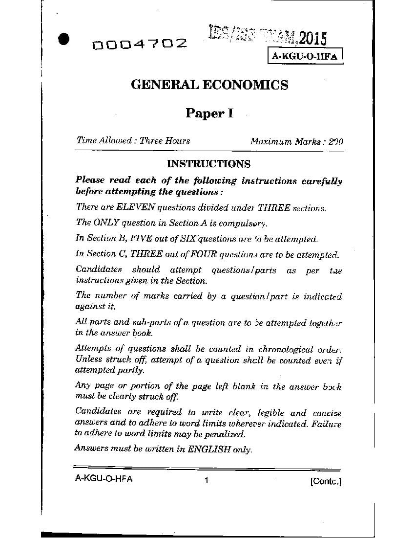 UPSC IES ISS 2015 Question Paper for General Economics-I - Page 1