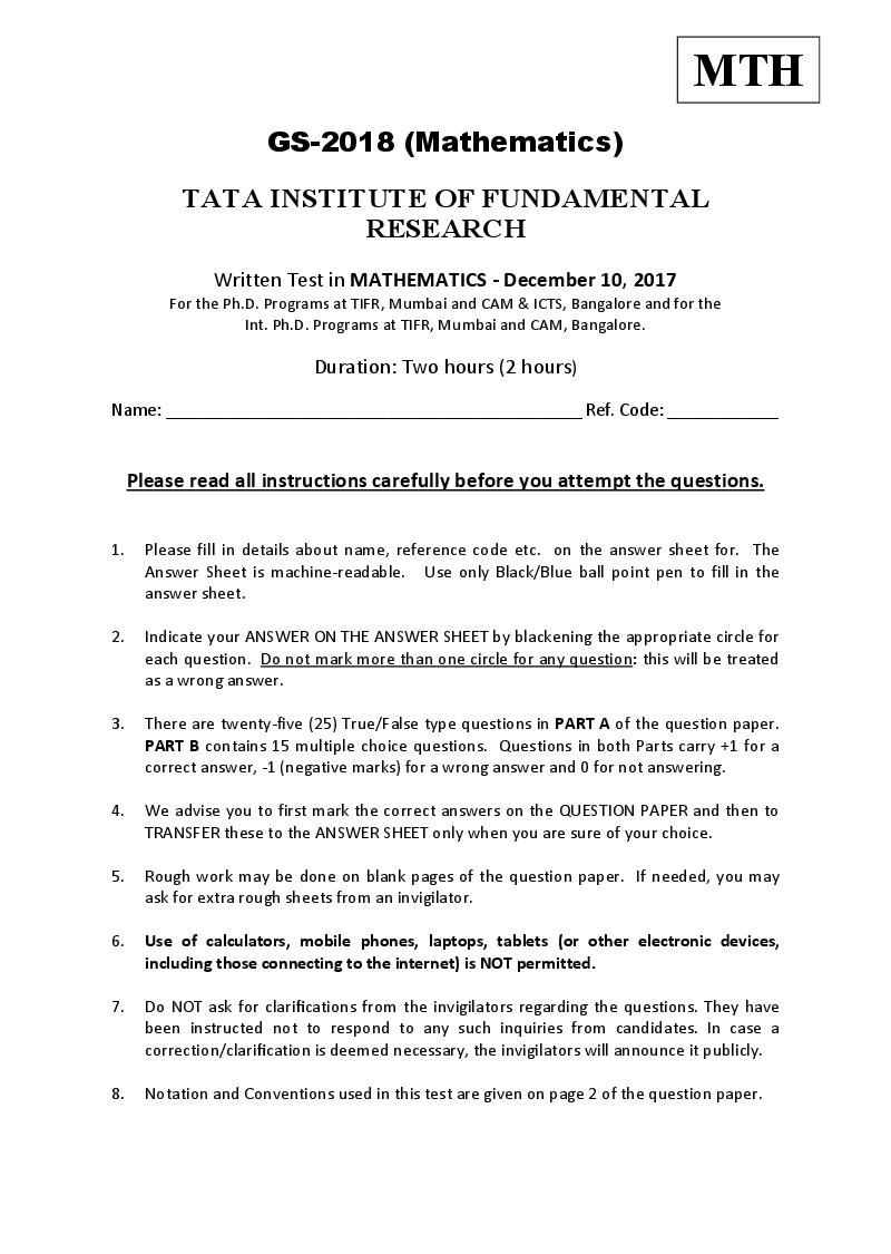 TIFR GS 2018 Question Paper Mathematics - Page 1 of 8