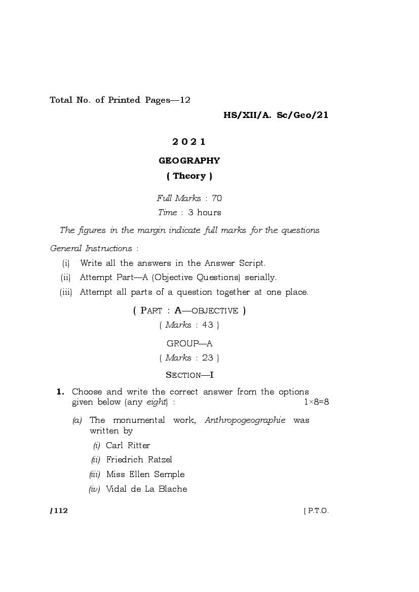 MBOSE Class 12 Question Paper 2021 for Geography - Page 1