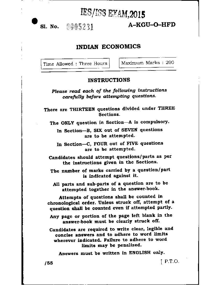 UPSC IES ISS 2015 Question Paper for Indian Economics - Page 1