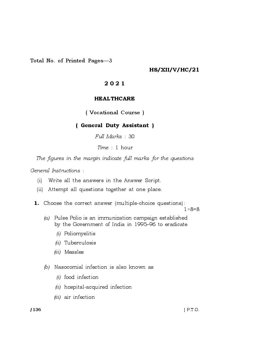 MBOSE Class 12 Question Paper 2021 For Health Care