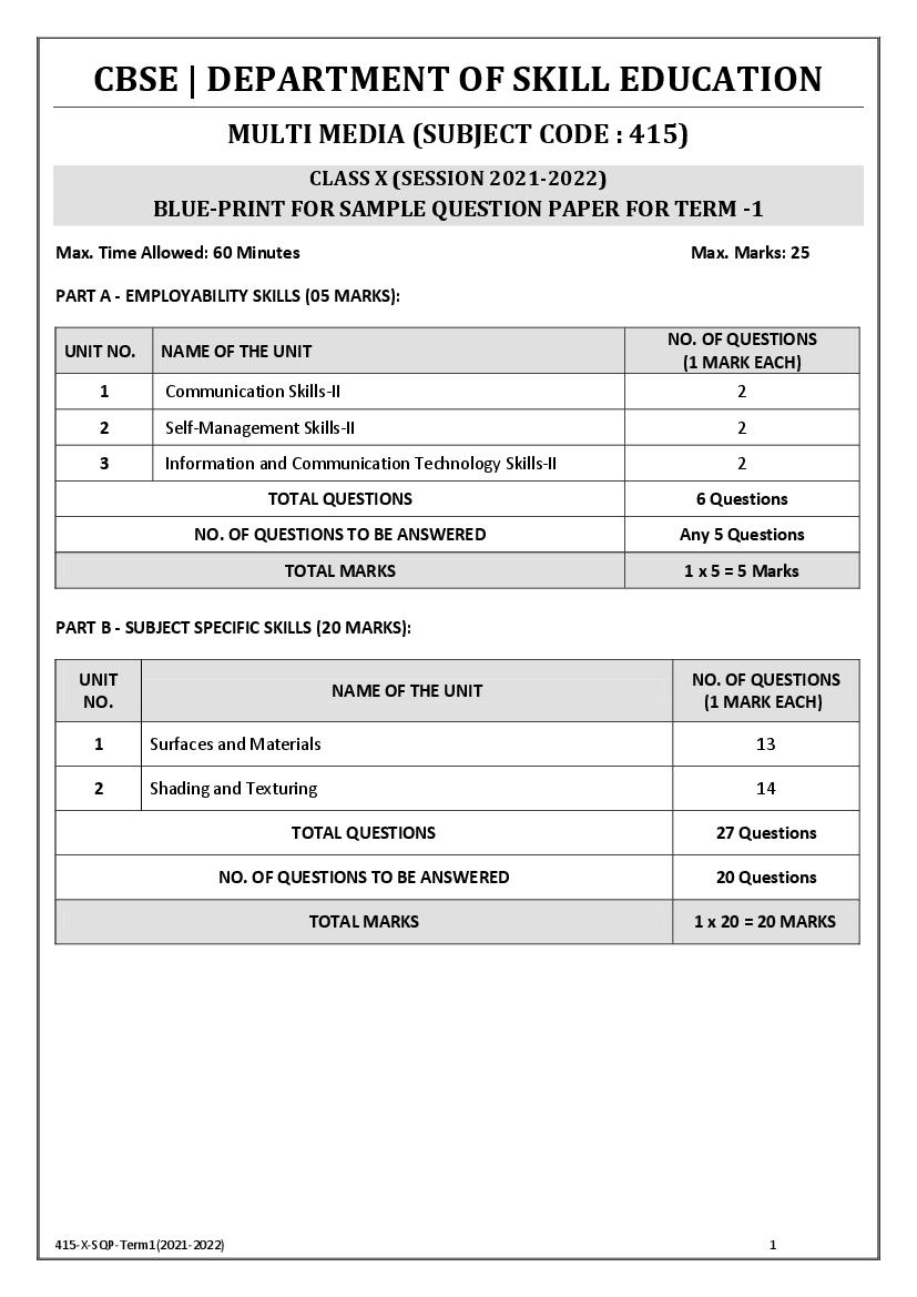 CBSE Class 10 Sample Paper 2022 for Multimedia Term 1 - Page 1