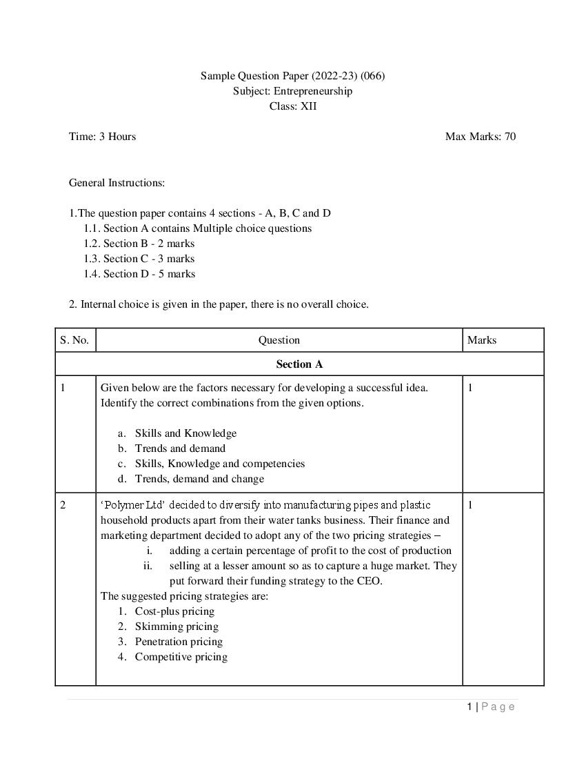 CBSE Class 12 Sample Paper 2023 Entrepreneurship - Page 1