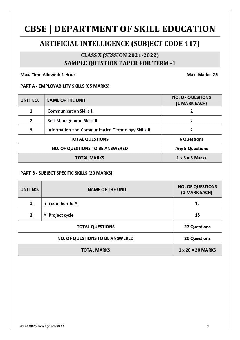 CBSE Class 10 Sample Paper 2022 for Artificial Intelligance Term 1 - Page 1