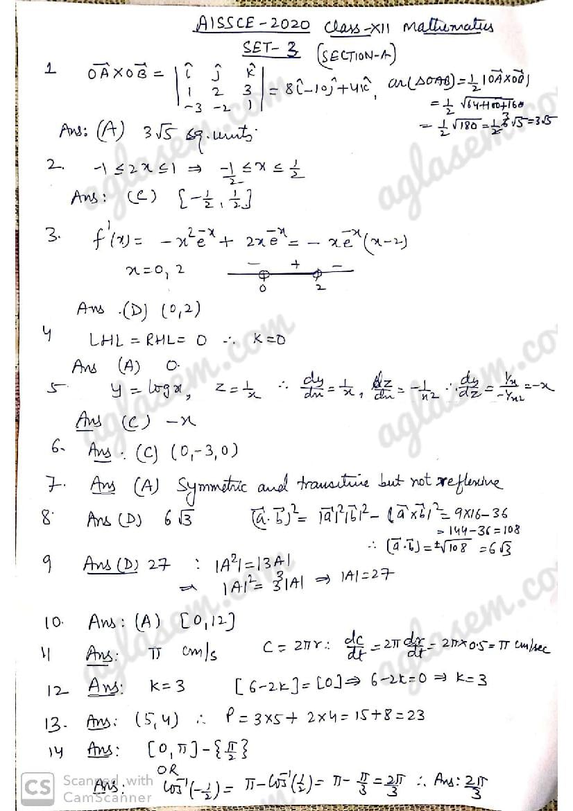 CBSE Class 12 Maths Solutions Paper 2020 by AGLASEM - Page 1