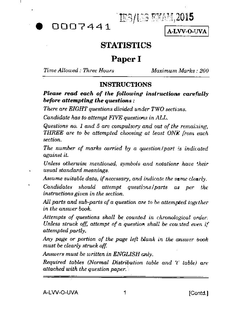 UPSC IES ISS 2015 Question Paper for Statistics-I - Page 1