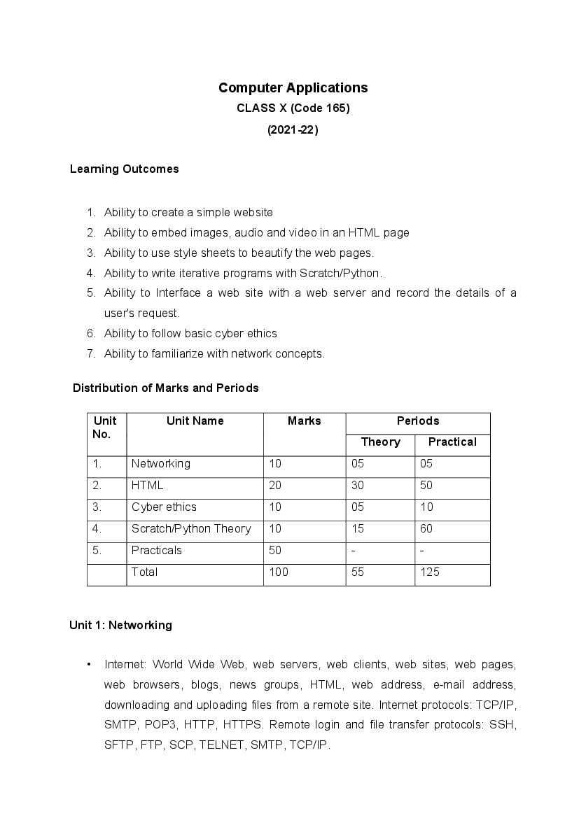CBSE Class 10 Computer Applications Syllabus 2021-22 - Page 1