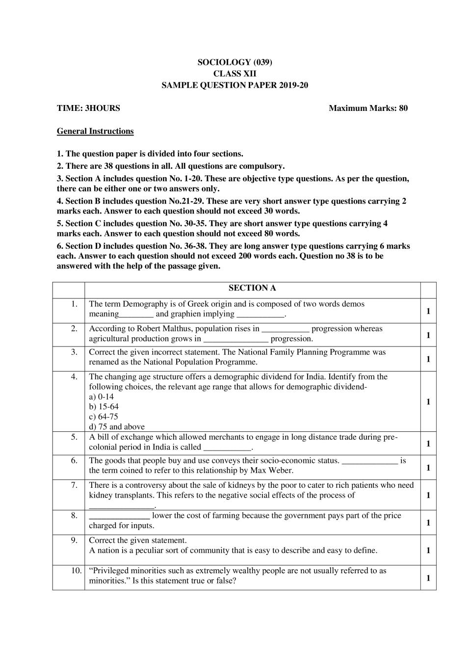 CBSE Class 12 Sample Paper 2020 for Sociology - Page 1