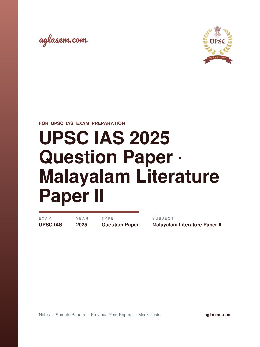UPSC IAS 2025 Question Paper for Malayalam Literature Paper II - Page 1 of 9