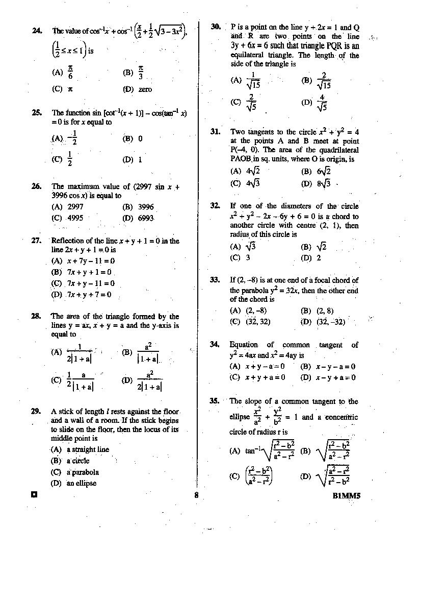 BCECE 2015 Question Paper with Answer Key (4 Subjects)