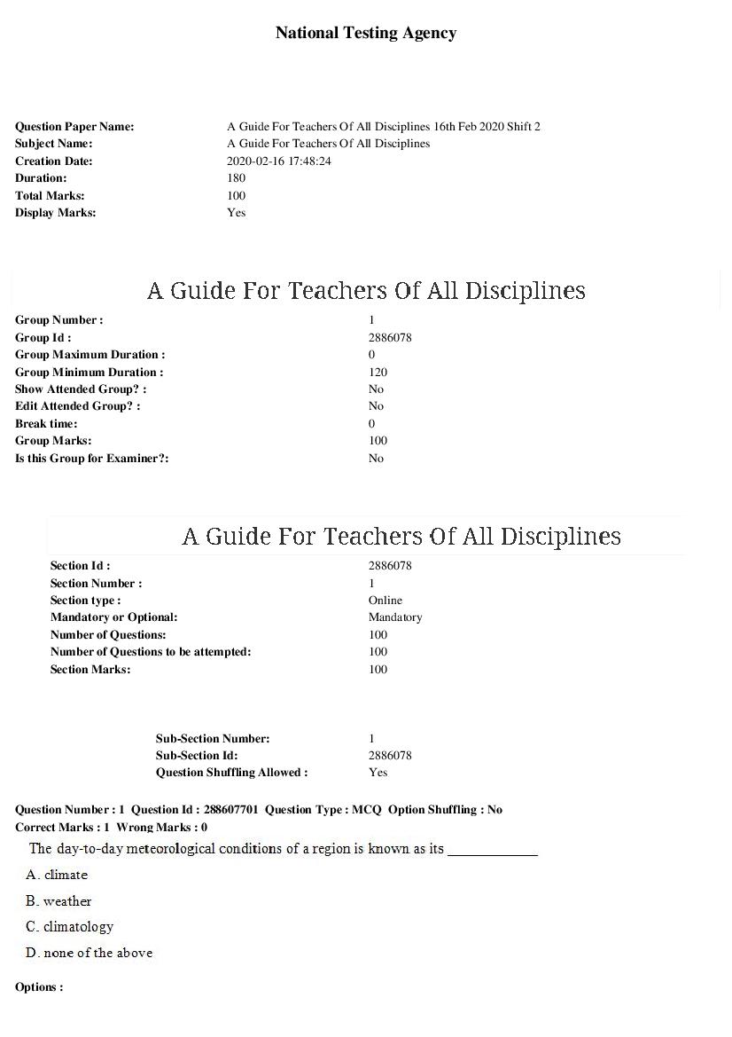 ARPIT 2020 Question Paper for A Guide For Teachers Of All Disciplines - Page 1 of 40