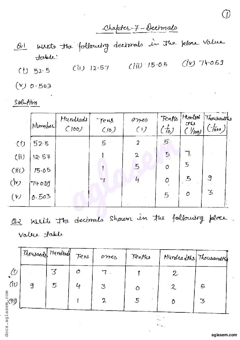 RD Sharma Solutions Class 6 Maths Chapter 7 Decimals Exercise 7.1 - Page 1