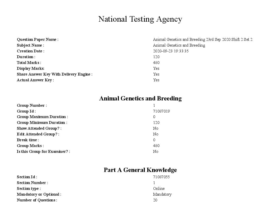 AICE JRF SRF 2020 Question Paper Animal Genetics and Breeding - Page 1 of 51
