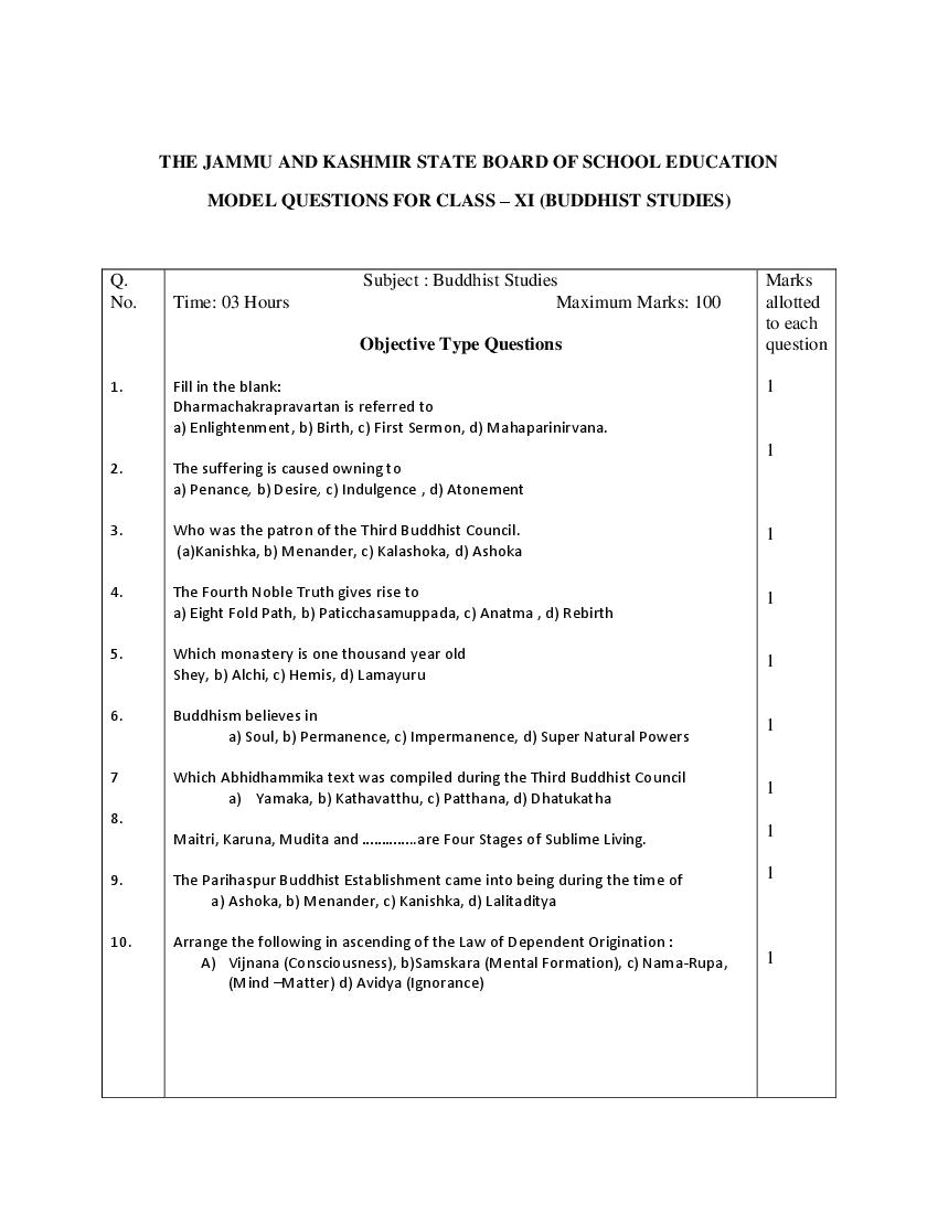 JKBOSE 11th Class Model Paper 2024 Budhist Studies - Page 1