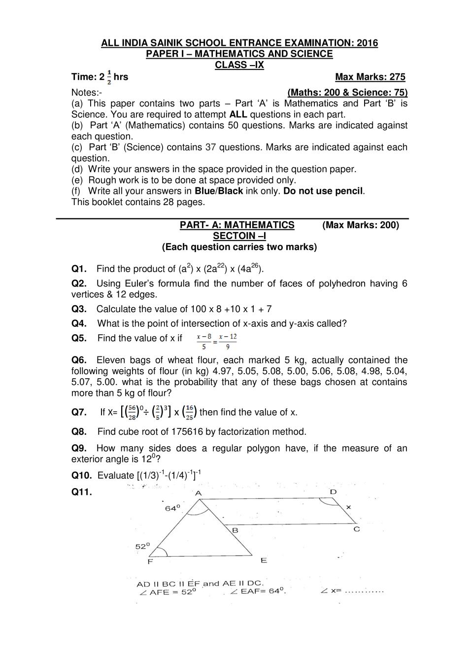 AISSEE 2016 Question Paper for Class 9 | Sainik School Entrance Exam (Paper 1) - Page 1