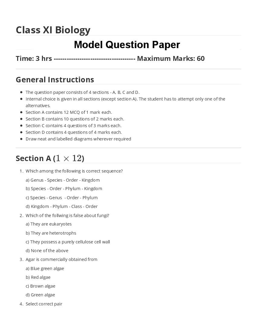 HP Board Class 11 Model Question Paper 2023 Biology - Page 1