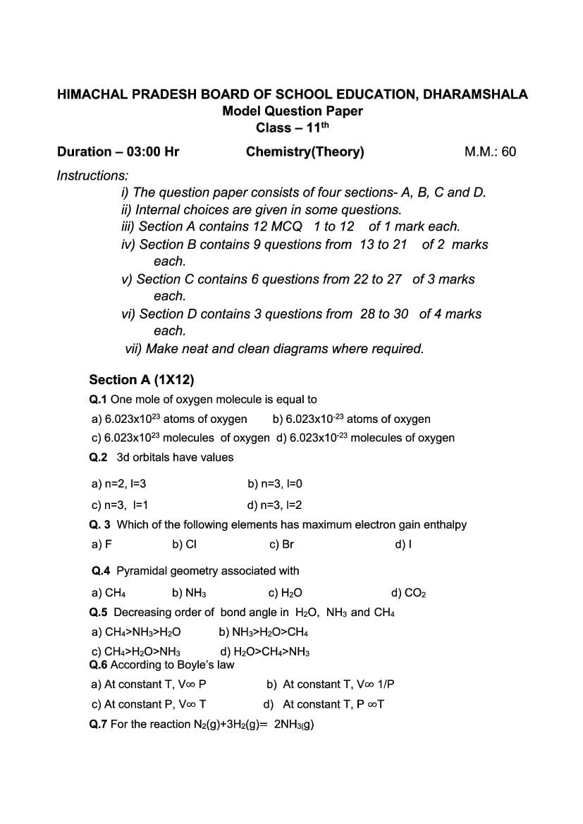 HP Board Class 11 Model Question Paper Chemistry - Page 1