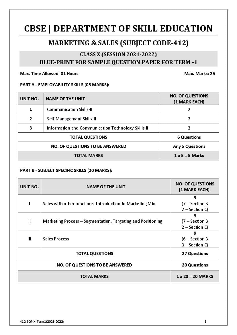 CBSE Class 10 Sample Paper 2022 for Marketing & Sales Term 1 - Page 1