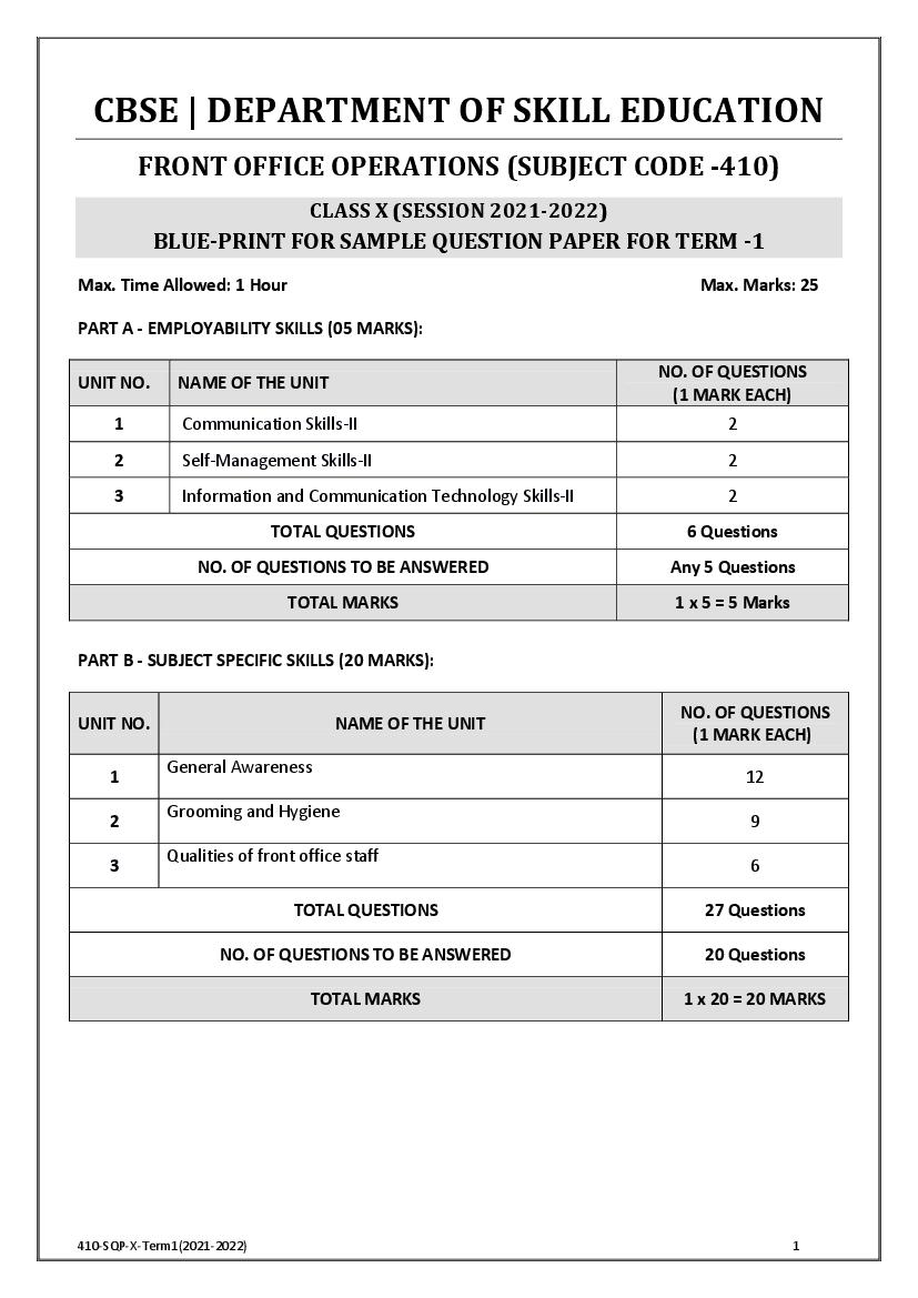 CBSE Class 10 Sample Paper 2022 for Front Office Operations Term 1 - Page 1