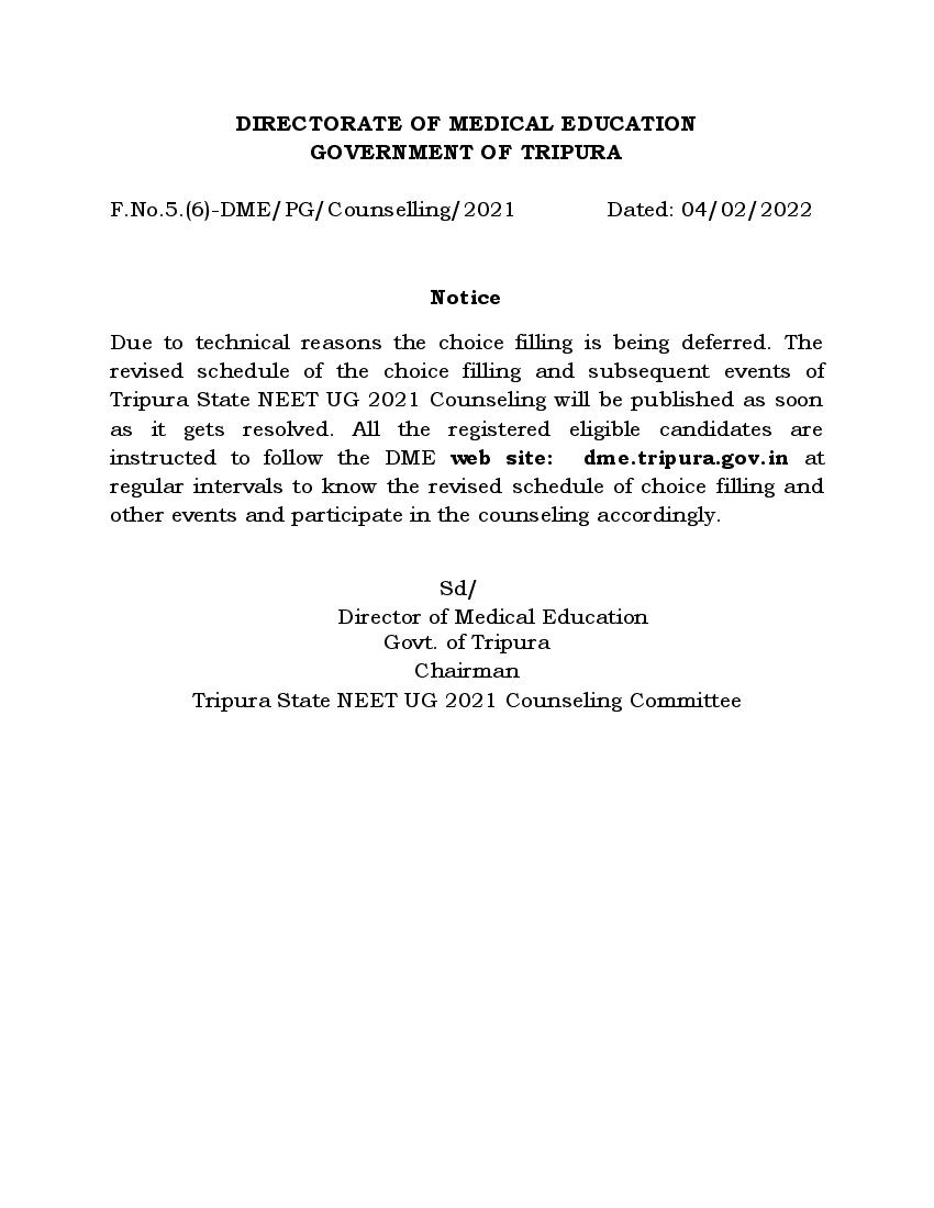 Tripura MBBS and BDS Admission 2021 Choice Filling Postponed Notice - Page 1