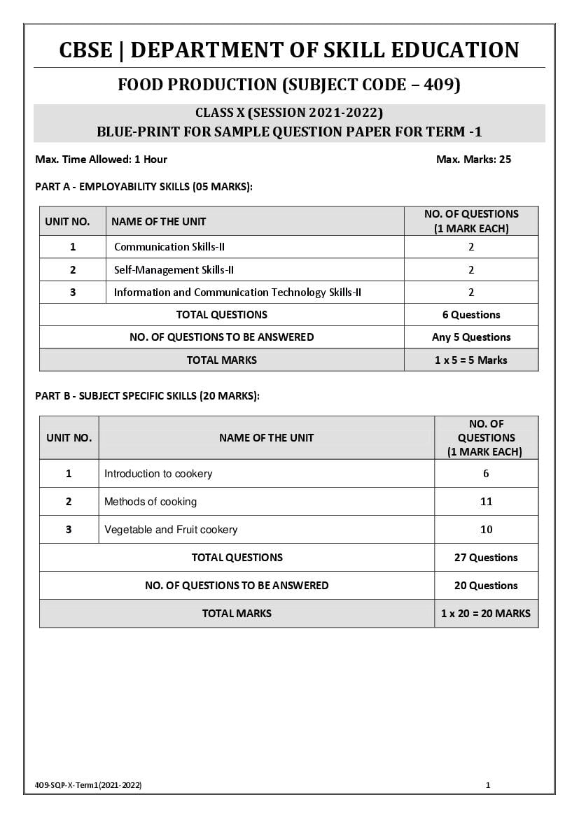 CBSE Class 10 Sample Paper 2022 for Food Production Term 1 - Page 1