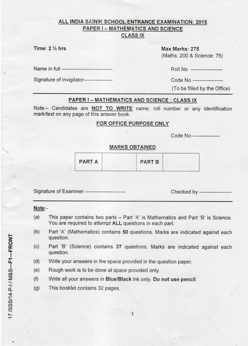 AISSEE 2015 Question Paper for Class 9 | Sainik School Entrance Exam (Paper 1) - Page 1