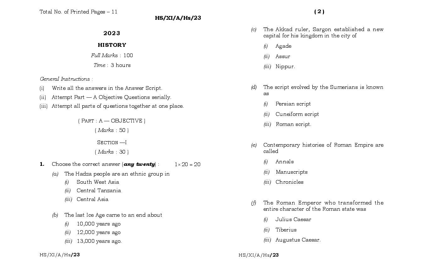 MBOSE Class 11 Question Paper 2023 for History - Page 1