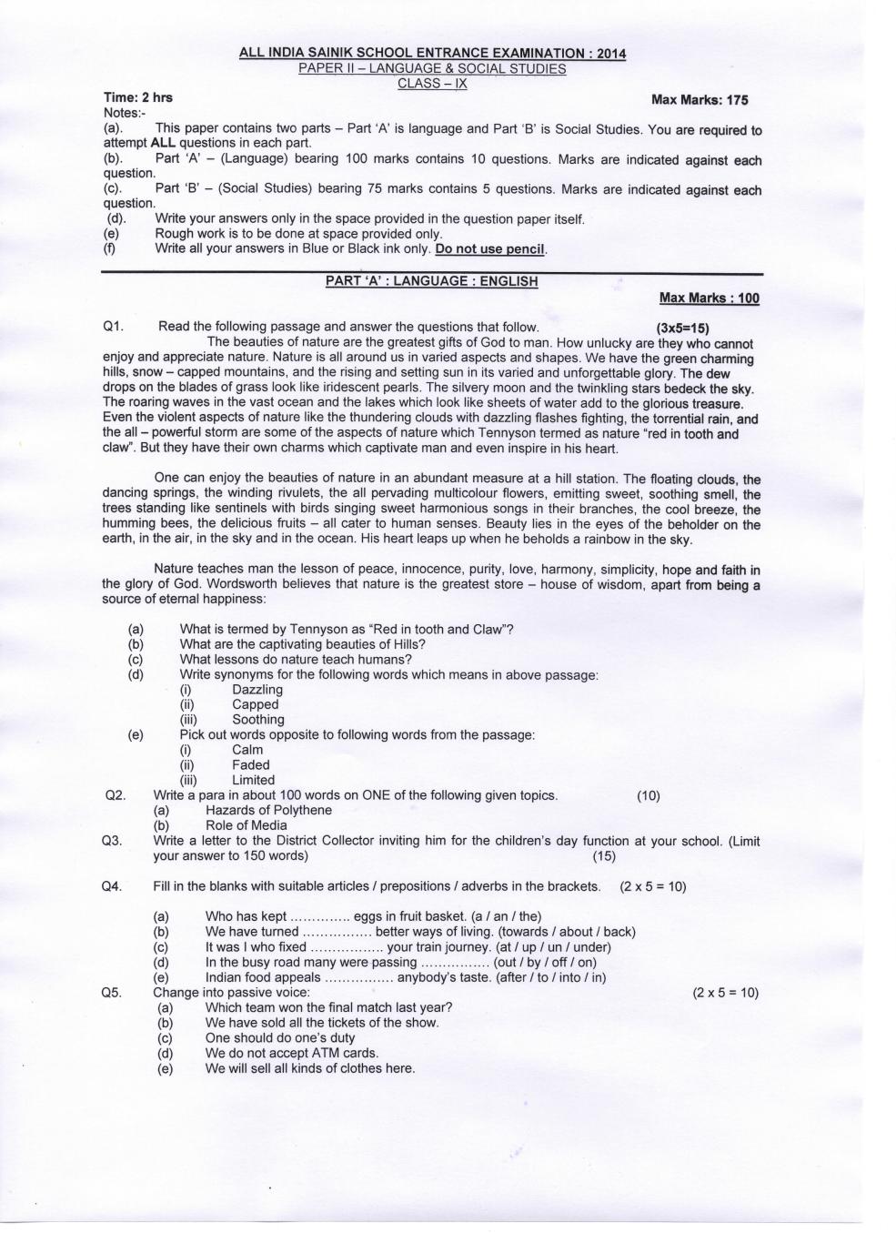 AISSEE 2014 Question Paper for Class 9 | Sainik School Entrance Exam (Paper 2) - Page 1