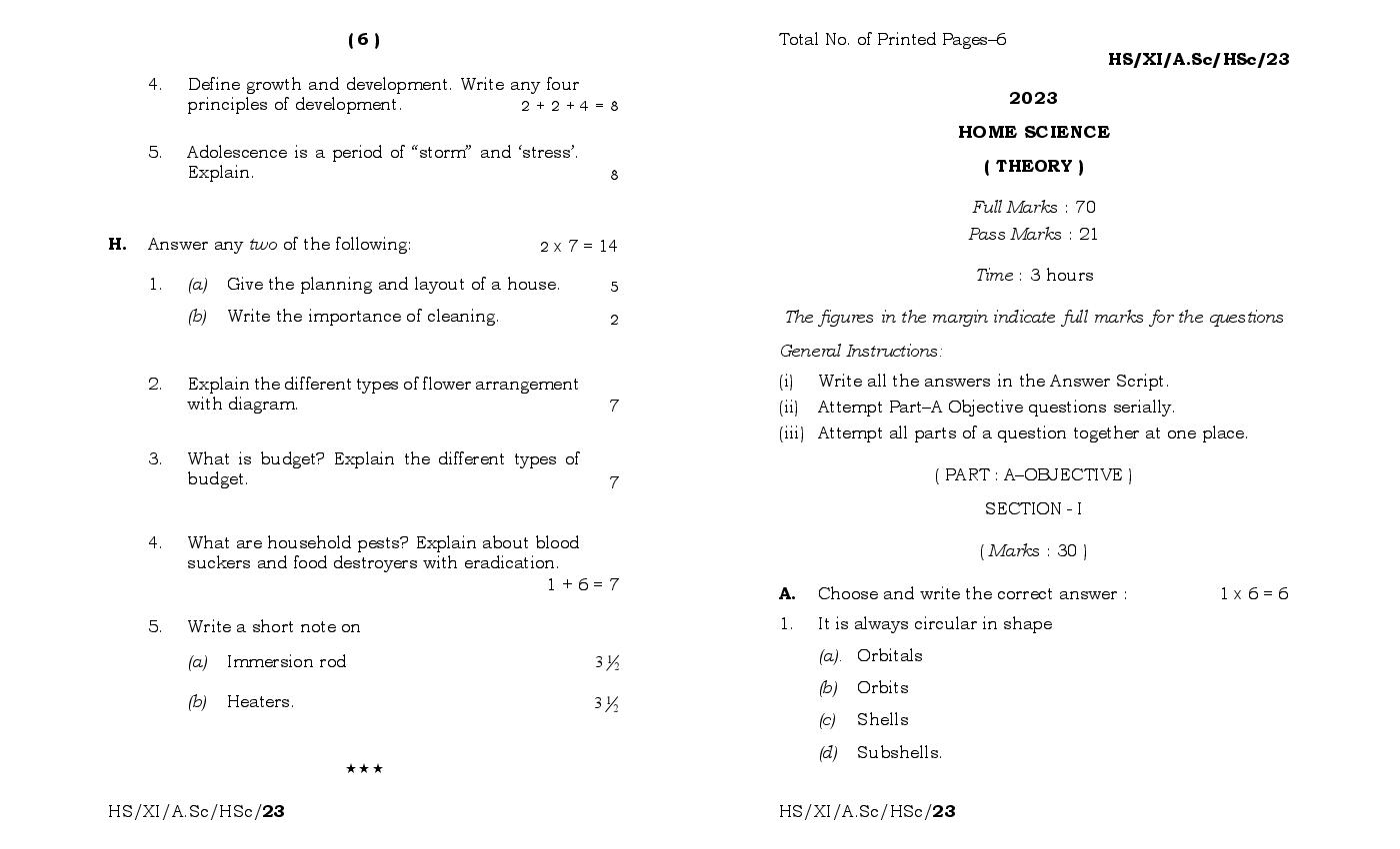 MBOSE Class 11 Question Paper 2023 for Home Science - Page 1
