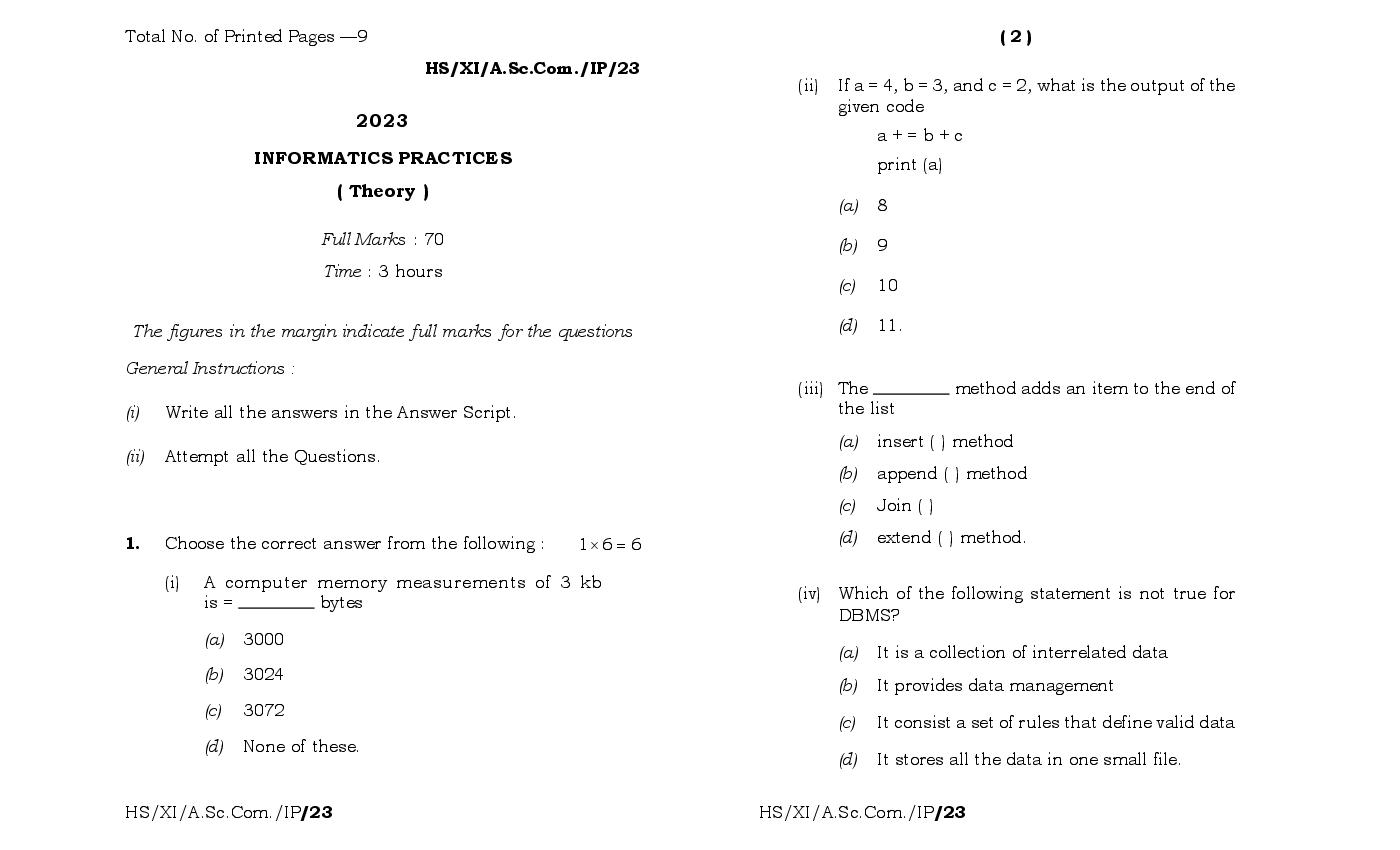 MBOSE Class 11 Question Paper 2023 for Informatics Practices - Page 1