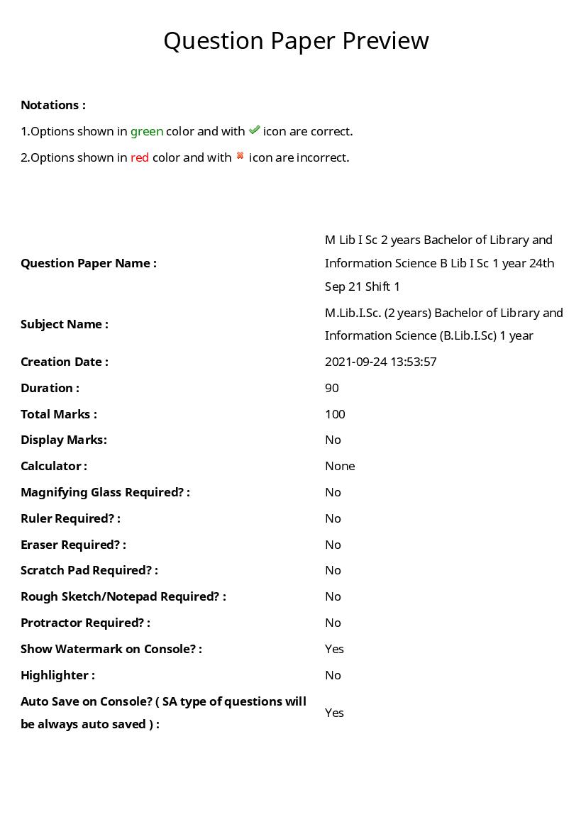 TS CPGET 2021 Question Paper M.Lib.I.Sc (2 Years) B.Lib.I.Sc (1 Year) - Page 1