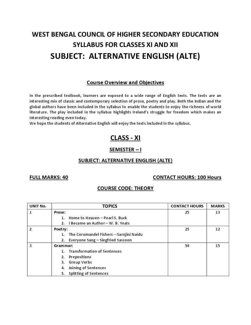 WBCHSE Class 11 Syllabus 2024 English Alternative - Page 1