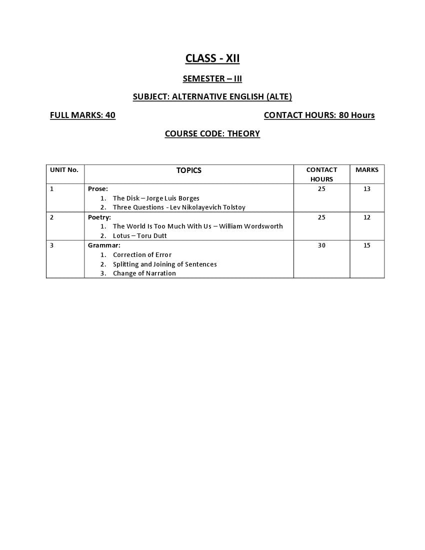 WBCHSE Class 11 English Alternative Syllabus 2024 (PDF) - West Bengal ...