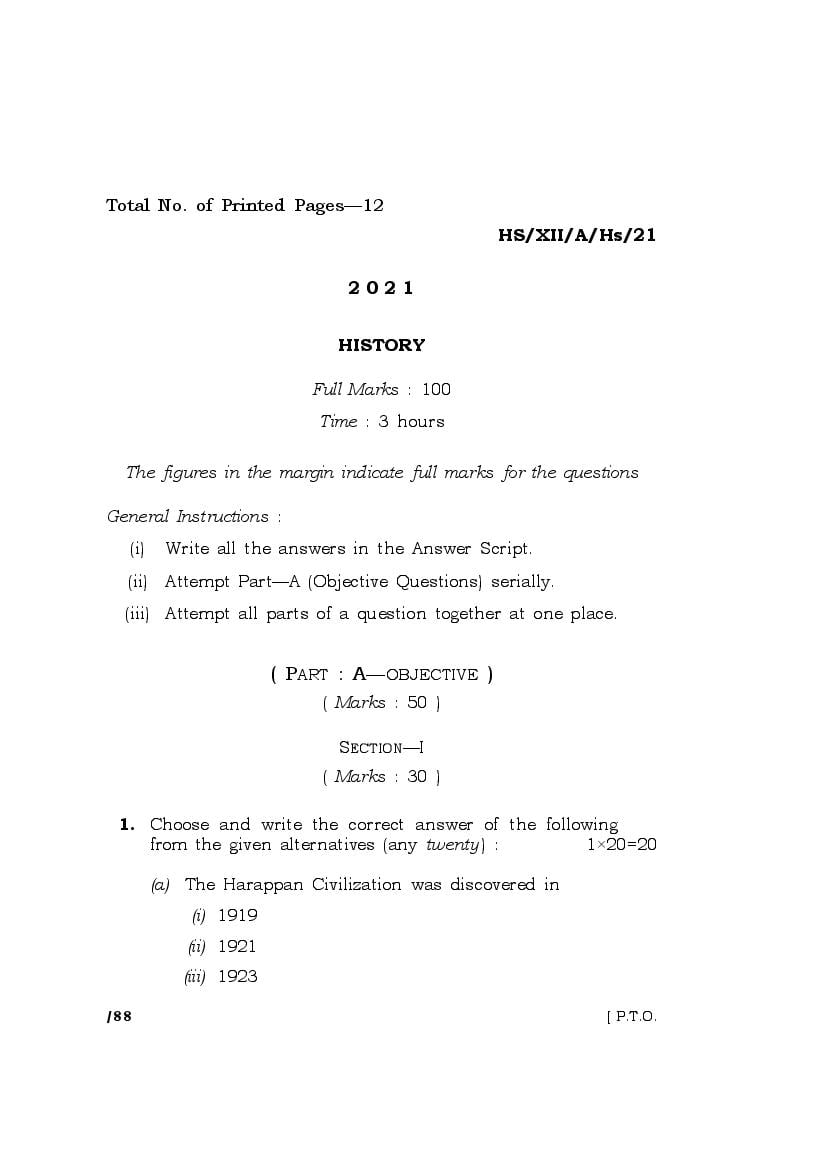 MBOSE Class 12 Question Paper 2021 for History - Page 1