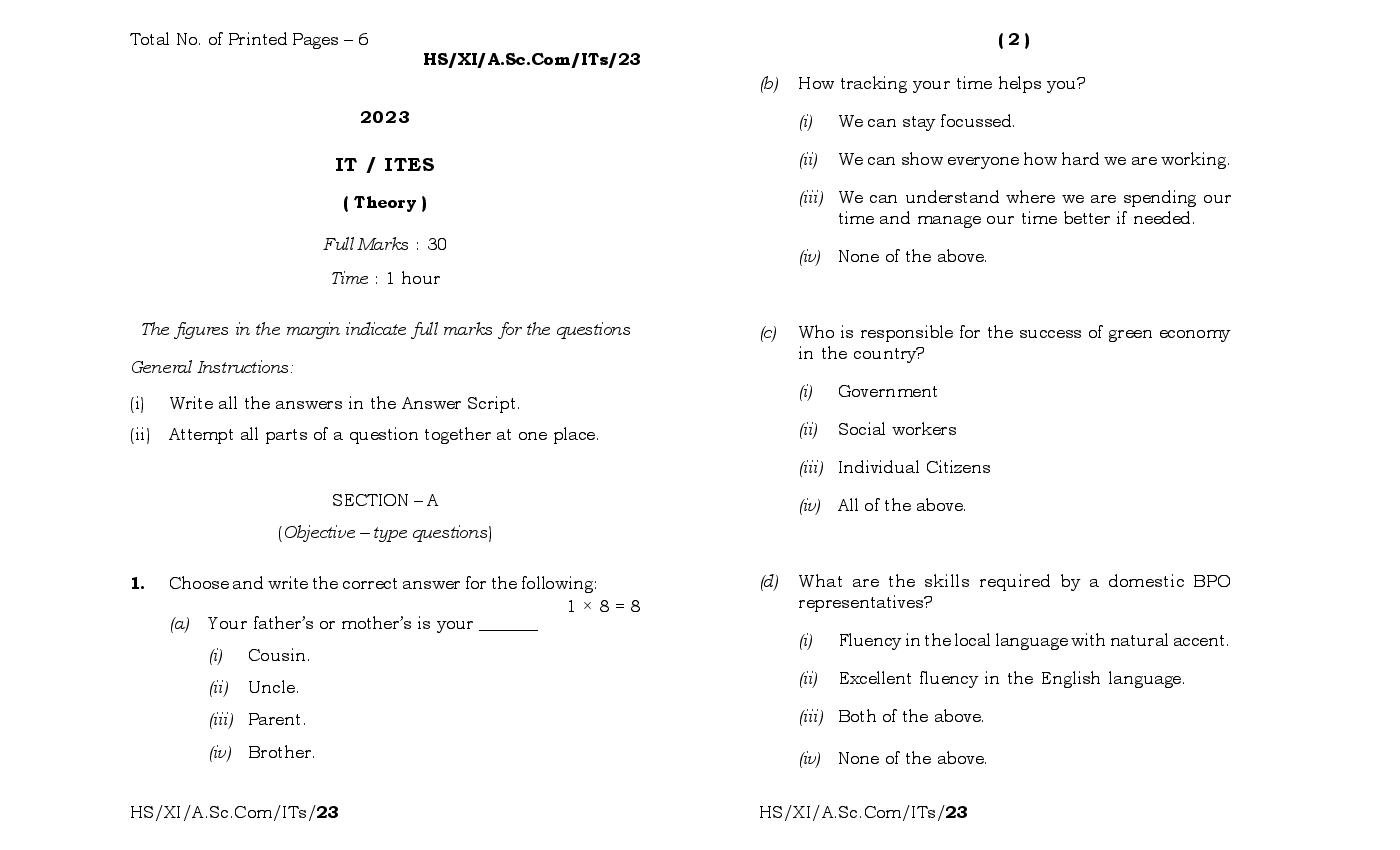 MBOSE Class 11 Question Paper 2023 for It Ites - Page 1