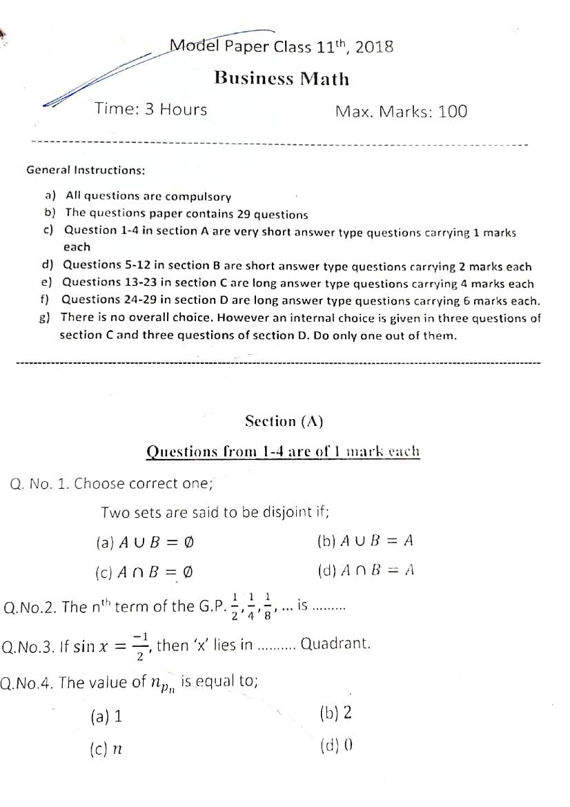 JKBOSE 11th Class Model Paper 2024 Business Mathematics - Page 1