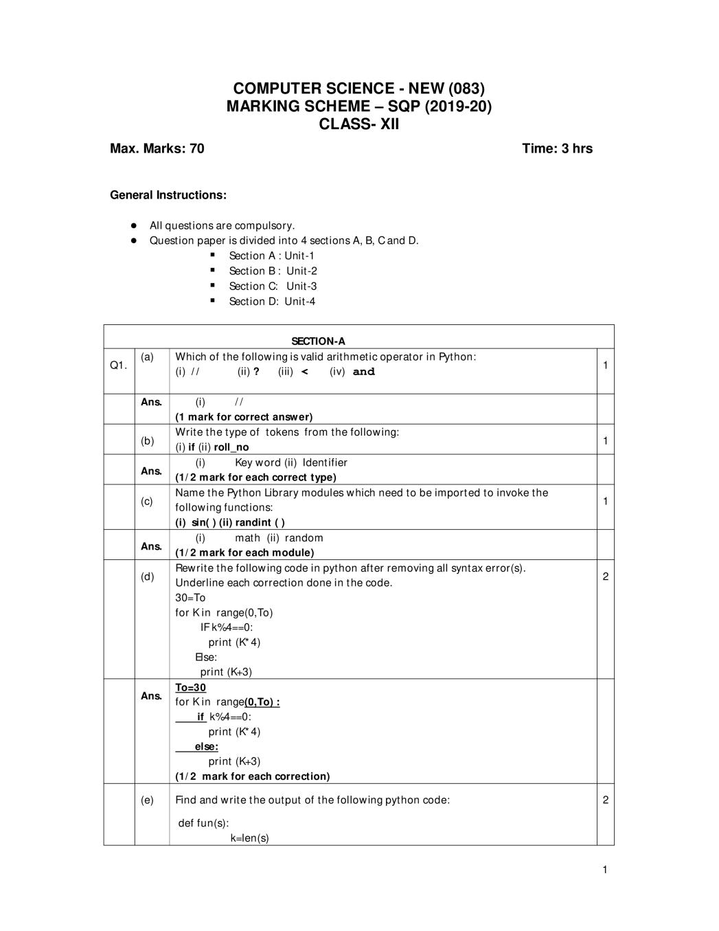 CBSE Class 12 Marking Scheme 2020 for Computer Science New - Page 1