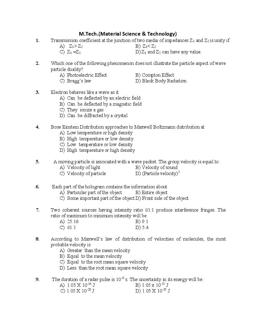 PU CET PG 2018 Question Paper M.Tech._Material Science _ Technology_ - Page 1