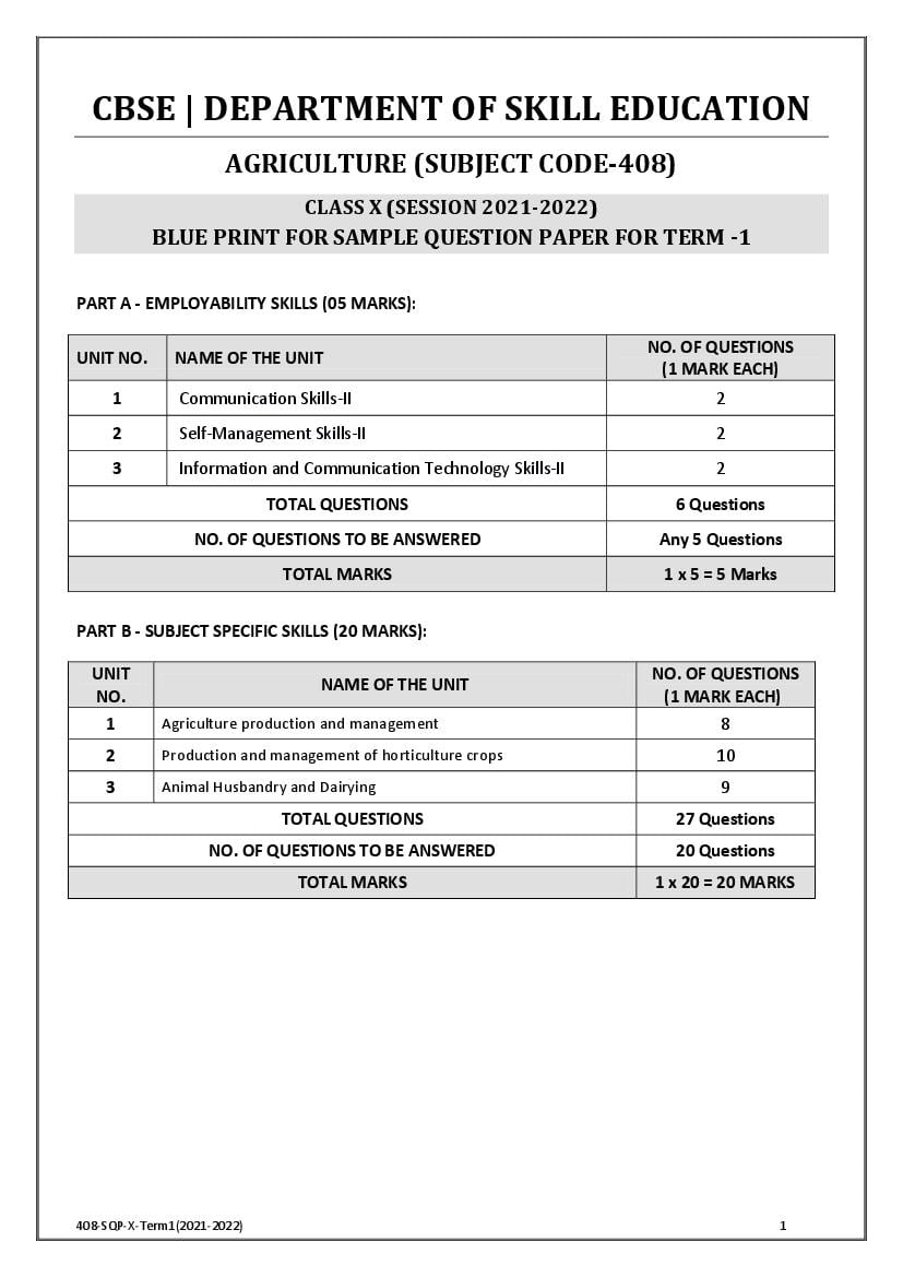 CBSE Class 10 Sample Paper 2022 for Agriculture Term 1 - Page 1