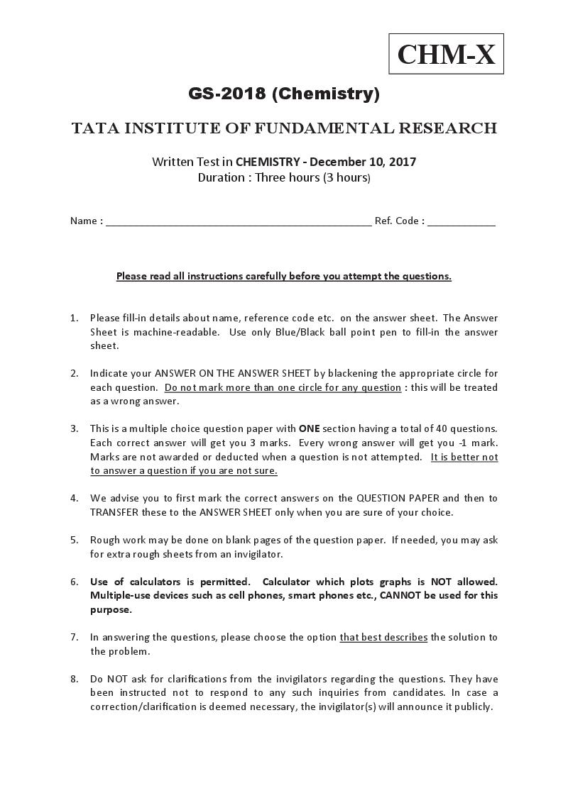 TIFR GS 2018 Question Paper Chemistry X - Page 1 of 20