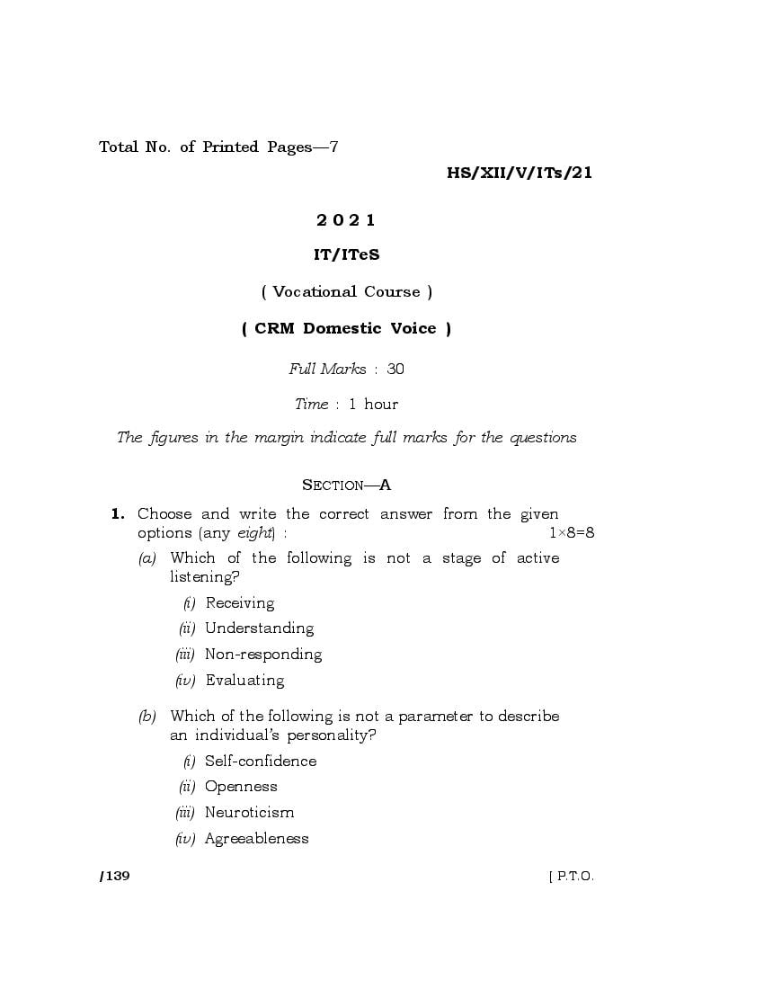 MBOSE Class 12 Question Paper 2021 for IT ITES - Page 1