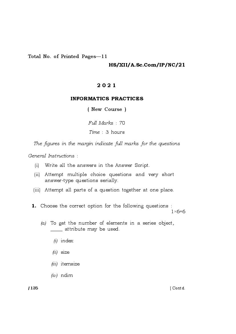 MBOSE Class 12 Question Paper 2021 for Informatics Practices - Page 1