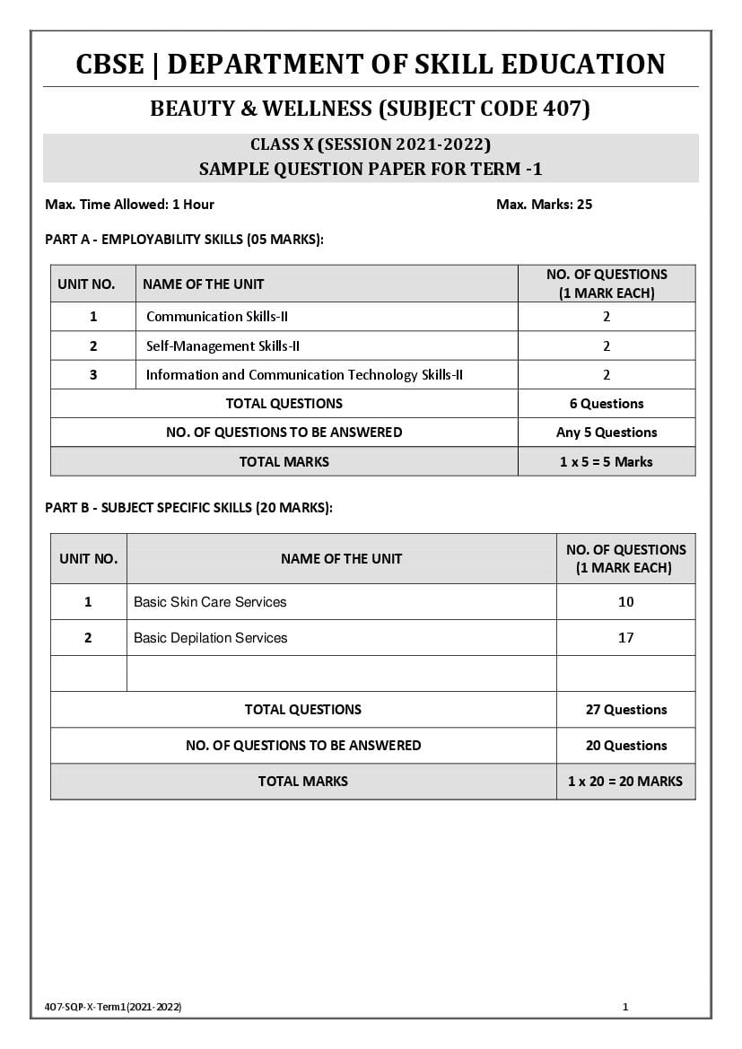 CBSE Class 10 Sample Paper 2022 for Beauty and Wellness Term 1 - Page 1