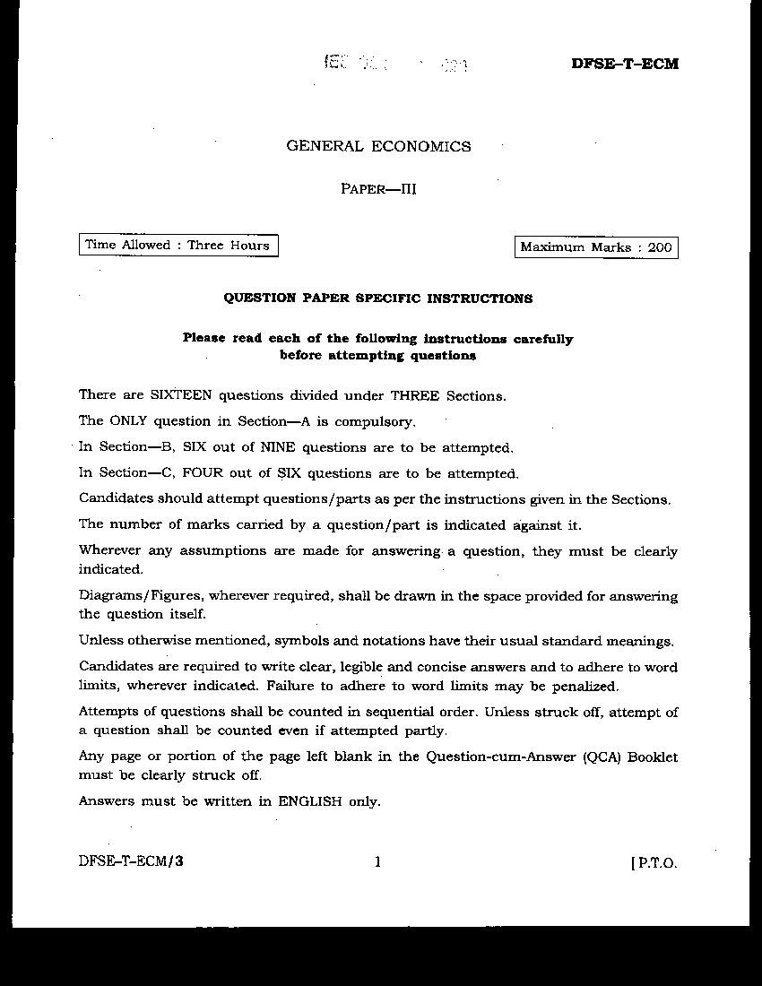UPSC IES ISS 2020 Question Paper General Economics Paper 3 - Page 1