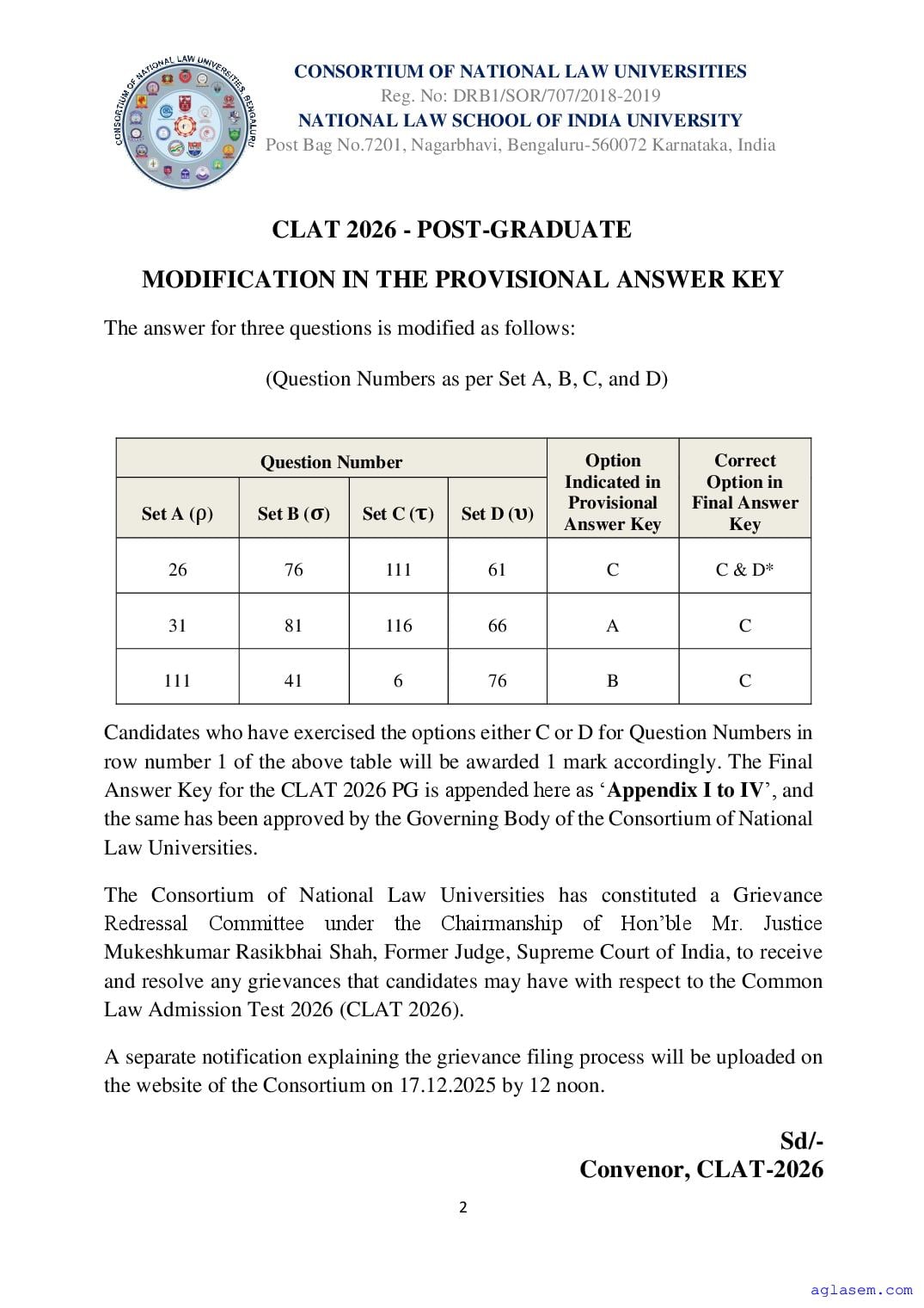 CLAT LLM 2026 Answer Key - Page 1 of 9